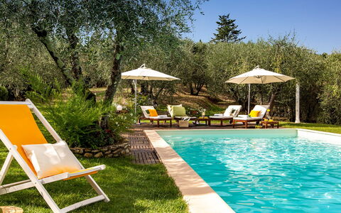 Villa Il Colle di Moriano 8: Möbel, Gartenmöbel, Schwimmbad, Resort, Sonnenliege, Stuhl, Eco Hotel, Schatten, Garten, Hinterhof