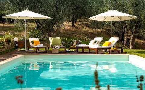 Villa Il Colle di Moriano 8: Schwimmbad, Gartenmöbel, Resort, Sonnenliege, Möbel, Regenschirm, Eco Hotel, Garten, Stuhl, Schatten