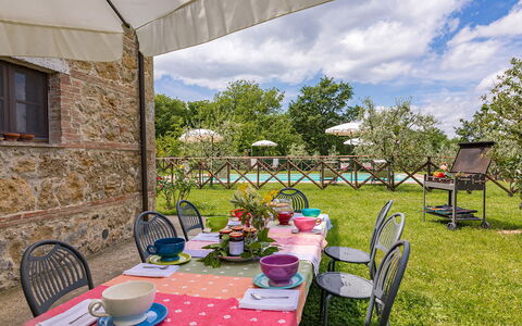 Podere Bagnolo 8: Möbel, Tabelle, Gartenmöbel, Garten, Tisch Im Freien, Stuhl, Küche & Esszimmer Tisch, Rasen, Tischdecke, Linens