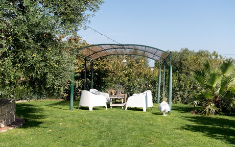 Trulli Littoria 4: Garten, Strauch, Schatten, Gazebo, Outdoor Struktur, Pavillon, Landscaping, Überdachung, Hinterhof, Rasen