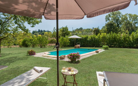 Mulino della Quercia 2+1: Regenschirm, Schwimmbad, Gartenmöbel, Möbel, Garten, Stuhl, Schatten, Grundstueck, Resort, Tisch Im Freien