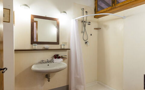 Podere Fabbrica 12: Wand, Interior Design, Armatur, Bad Sink, Badezimmer, Holz, Flooring, Fussboden, Decke, Spiegel