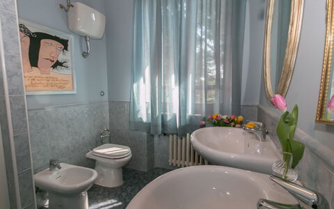 Villa Ombrosa 8: Armatur, Badezimmer, Spiegel, Sinken, Bad Sink, Zapfhahn, Zimmerpflanze, Stuhl, Installation, Light Fixture