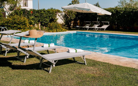 Villa Demal 8+2: Schwimmbad, Möbel, Gartenmöbel, Sonnenliege, Regenschirm, Resort, Stuhl, Schatten, Freizeit, Garten