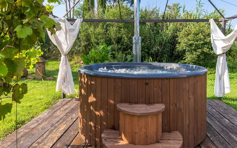 Cottage Violapo 6+2: Armatur, Badewanne, Schwimmbad, Jacuzzi, Holzbeize, Garten, Schatten, Hinterhof, Gartenmöbel