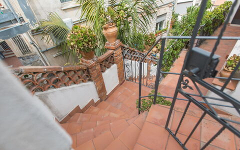 Attico Giafari 6: Geländer, Treppe, Baluster, Balkon, Eisen, Metall, Blumentopf, Zimmerpflanze, Holzbeize, Zaun