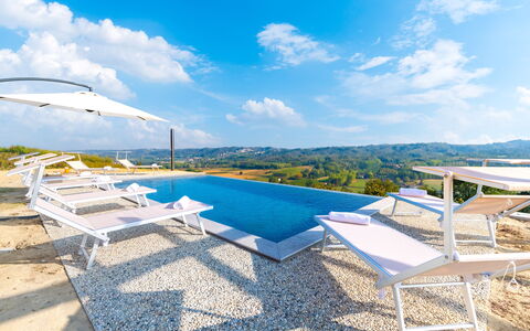 Casa Leonarda 8+2: Blau, Schwimmbad, Resort, Ferienort, Kumulus, Gartenmöbel, Vogelperspektive, Sonnenliege