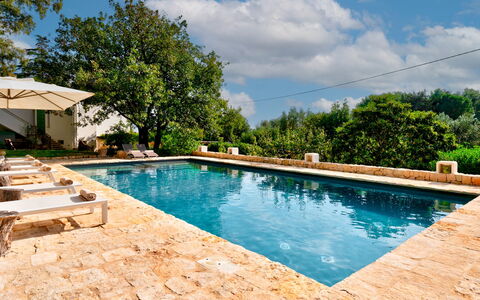 Villa Giari 8: Schwimmbad, Gartenmöbel, Resort, Freizeit, Water Feature, Stuhl, Sonnenliege, Flagstone, Landscaping, Hinterhof
