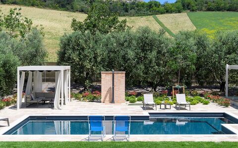 Villino le Moie 4+2: Schwimmbad, Gartenmöbel, Möbel, Resort, Sonnenliege, Garten, Freizeit, Stuhl, Schatten, Regenschirm