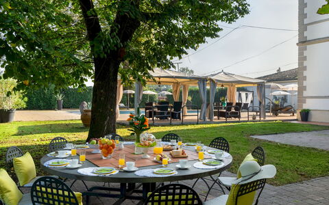 Villa Laguna 10: Möbel, Tabelle, Stuhl, Schatten, Gartenmöbel, Restaurant, Garten, Tisch Im Freien, Outdoor Struktur, Garten
