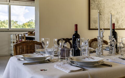Villa Sparta 8+2: Möbel, Geschirr, Kelche, Interior Design, Tabelle, Drinkware, Tischdecke, Textil, Esszimmer, Stuhl