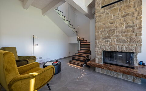Villa Mamon 6+2: Flooring, Interior Design, Fussboden, Decke, Beleuchtung, Wohnzimmer, Zimmer, Steinwand, Couch