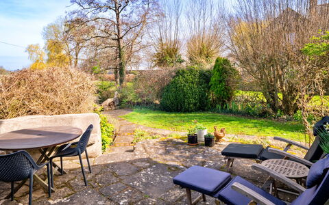 Mill Barn by the Stream: Möbel, Gartenmöbel, Strauch, Garten, Stuhl, Ground, Tisch Im Freien, Sonnenlicht, Schatten, Landscaping