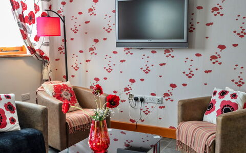 Poppy Cottage, Great Houndbeare Farm: Möbel, Interior Design, Wand, Rot, Textil, Wohnzimmer, Rosa, Zuhause, Couch, Beleuchtung