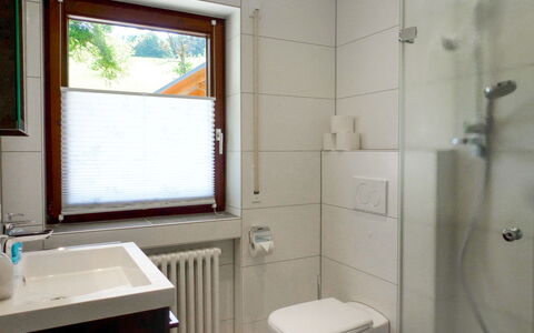 Pension Himmelsbach: Eigentum, Armatur, Sinken, Badezimmer, Toilleten Sitz, Lila, Fenster, Spiegel, Zapfhahn