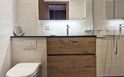 Veysonnaz 100: Flooring, Bad Sink, Armatur, Interior Design, Fussboden, Badezimmerschrank, Badezimmer, Spiegel, Cabinetry, Holz