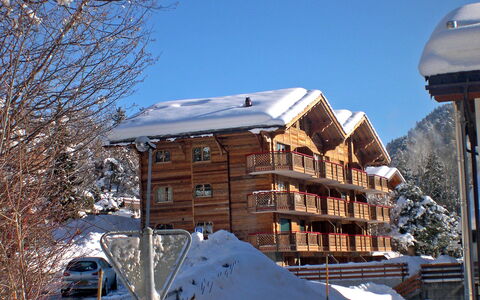Ovronnaz 645: Himmel, Gebäude, Daytime, Eigentum, Schnee, Fenster, Haus, Baum, Steigung, Einfrieren