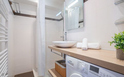 Canet-Plage 310: Wäschekammer, Spiegel, Pflanze, Armatur, Zapfhahn, Badezimmerschrank, Cabinetry, Sinken, Zimmerpflanze, Badezimmer