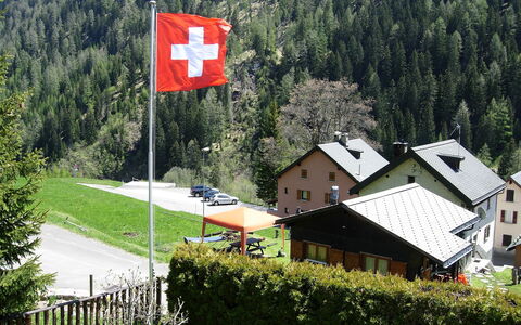Verena: Flagge, Haus, Zuhause, Bergstation, Signage, Gebirge, Baum, Ländliches Gebiet, Gras, Schild