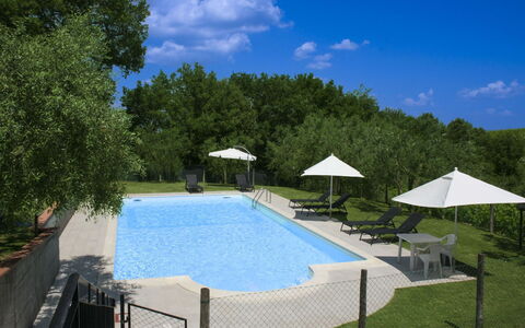 Podere San Bono: Schwimmbad, Gartenmöbel, Möbel, Resort, Schatten, Verbundwerkstoff, Sonnenliege, Stuhl, Freizeit, Regenschirm