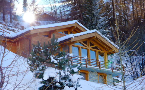 Chalet Arvine: Gebäude, Schnee, Fenster, Pflanze, Himmel, Baum, Holz, Haus, Ast, Lärche