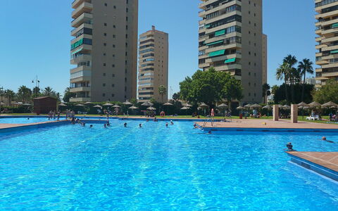 Playamar: Wasser, Gebäude, Himmel, Eigentum, Daytime, Wolkenkratzer, Pflanze, Schwimmbad, Blau, Baum