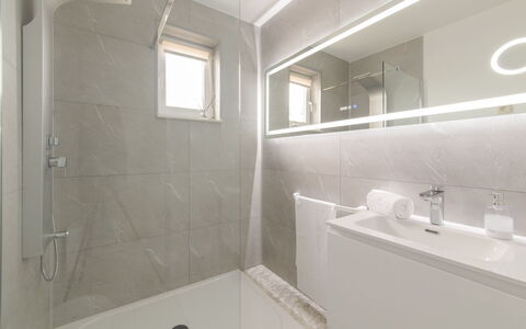 Wilde Zee with Terrace: Armatur, Zapfhahn, Eigentum, Gebäude, Spiegel, Bad Sink, Fenster, Badezimmer, Sinken, Dusche