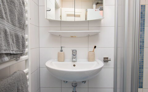 Fischerstube: Spiegel, Sinken, Zapfhahn, Armatur, Bad Sink, Badezimmer, Lila, Interior Design, Fussboden, Linie