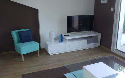 Les Berges Landaises 450.1: Möbel, Eigentum, Couch, Fernsehen, Komfort, Gebäude, Wohnzimmer, Interior Design, Beleuchtung, Holz