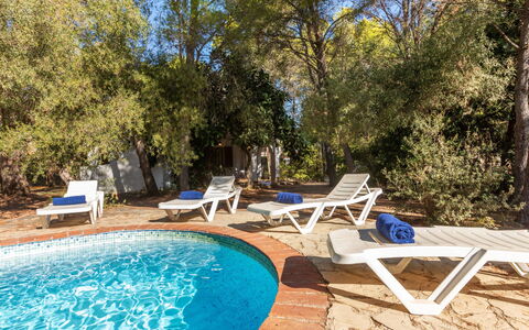 Villa Pinos: Blau, Schwimmbad, Gartenmöbel, Resort, Schatten, Stuhl, Estate, Eco Hotel, Landscaping, Hazienda